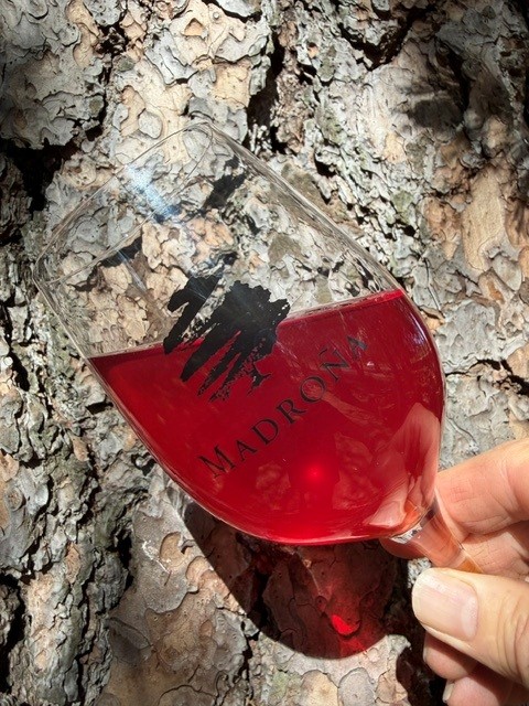 A hand holding a Madroña glass of chilled red wine against the bark of a tree
