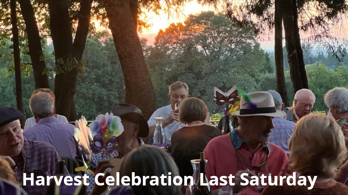 Guests in festive masks and hats at long tables under the oaks at sunset. Text on the photo reads Harvest Celebration Last Saturday.