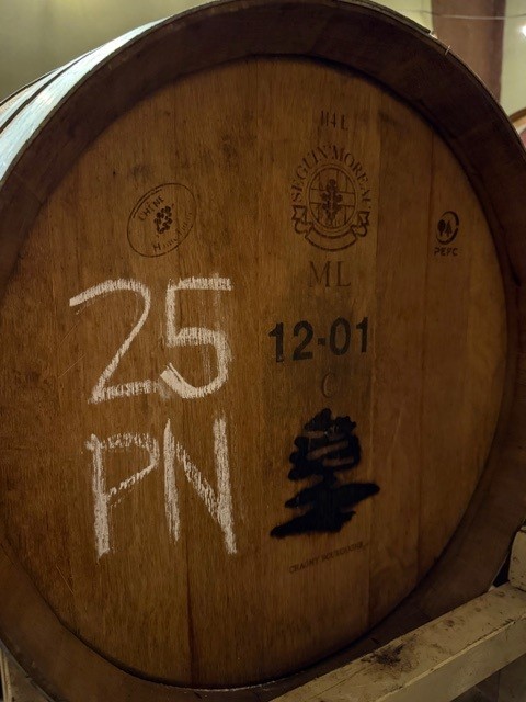 A barrel head chalked with 25 PN and the Madroña tree