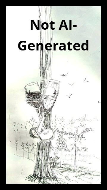 A pencil sketch of a madrone tree with two wine glasses hanging from a branch. Text on the drawing reads Not AI-Generated.